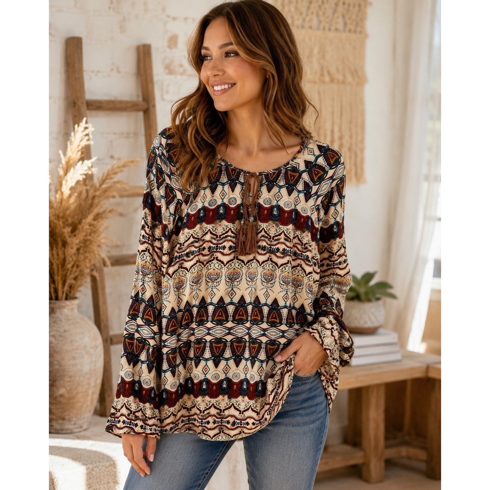 DR2 Boho Peasant Blouse Medium Southwestern Medallion Tassel Tie Long Sleeve